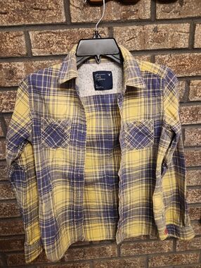 American Eagle Outfitters Yellow & Blue Plaid Womens Flannel Shirt Size 4